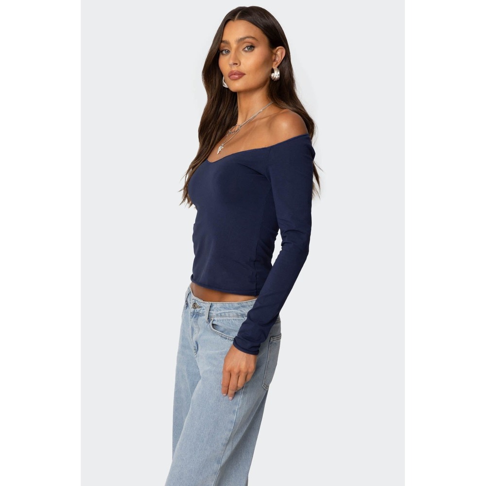 Edikted Nattie Off Shoulder V Neck Long Sleeve Top Navy Size M